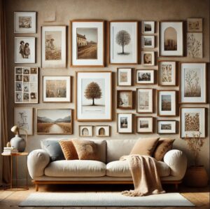 Various picture frames hanging on a wall of a home