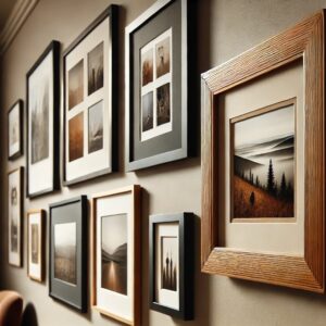 A close up view of various art hanging on a gallery 
