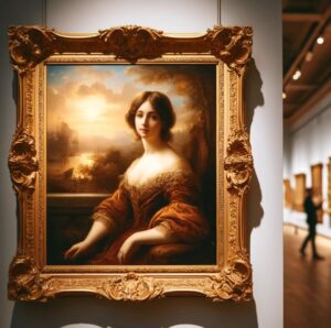 An art containing a woman on a frame hanging on the wall
