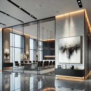 A commercial space with a big frame hanging on the wall