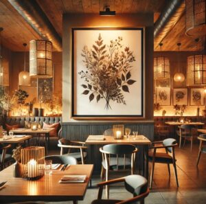 A restaurant with a big picture frame on the wall