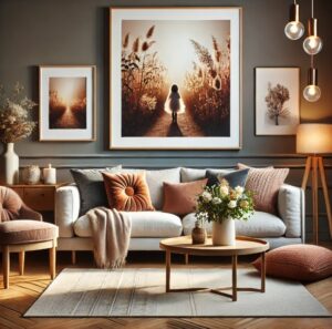 A living room with frames on the wall