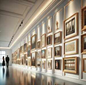 A museum with the arts hanging on the wall