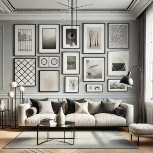 How to Use A Picture Hanging Rail for Perfect Home Decor 2 A minimalistic living room with frames hanging on the wall