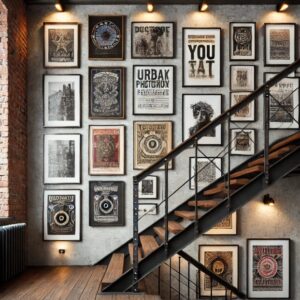 How to Use A Picture Hanging Rail for Perfect Home Decor 4 A loft style house with stairs and frames hanging on the wall