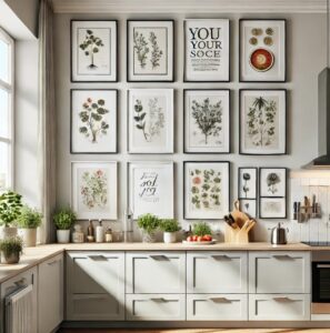 How to Use A Picture Hanging Rail for Perfect Home Decor 3 A kitchen with picture frames hanging on a wall as it decor